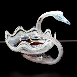 Vintage Sooner Art Glass Swan Dish Hand Blown Stretched Molten Glass Bowl 9.5"